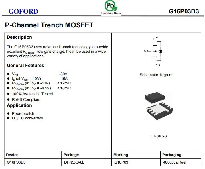 Field Effect Mosfet G16p03D3 Dfn3X3-8L -30V -16A P Channel SMD Power Transistor